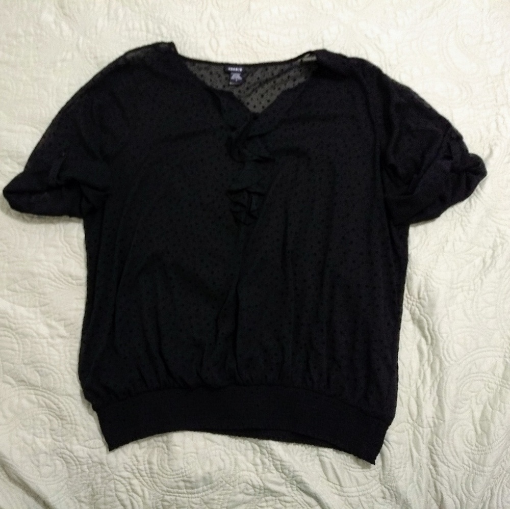 Torrid ruffled sheer rolled sleeve black blouse